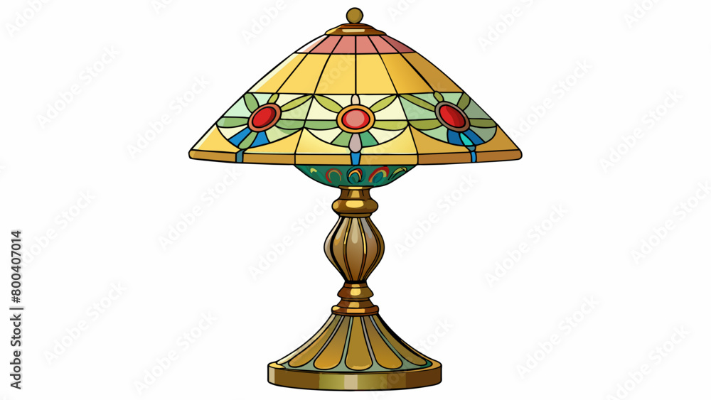Poster an antique brass lamp with intricate detailing and a tiffanystyle stained glass shade. the base feat