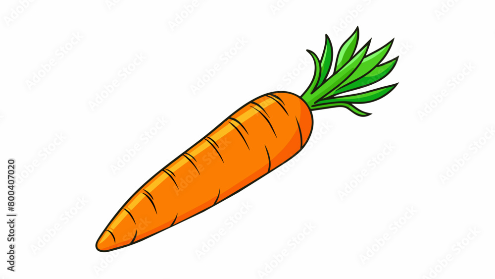 Wall mural An edible root with a bold orange color and a narrow elongated shape. Its exterior is smooth and its top is adorned with feathery green leaves. When. Cartoon Vector.