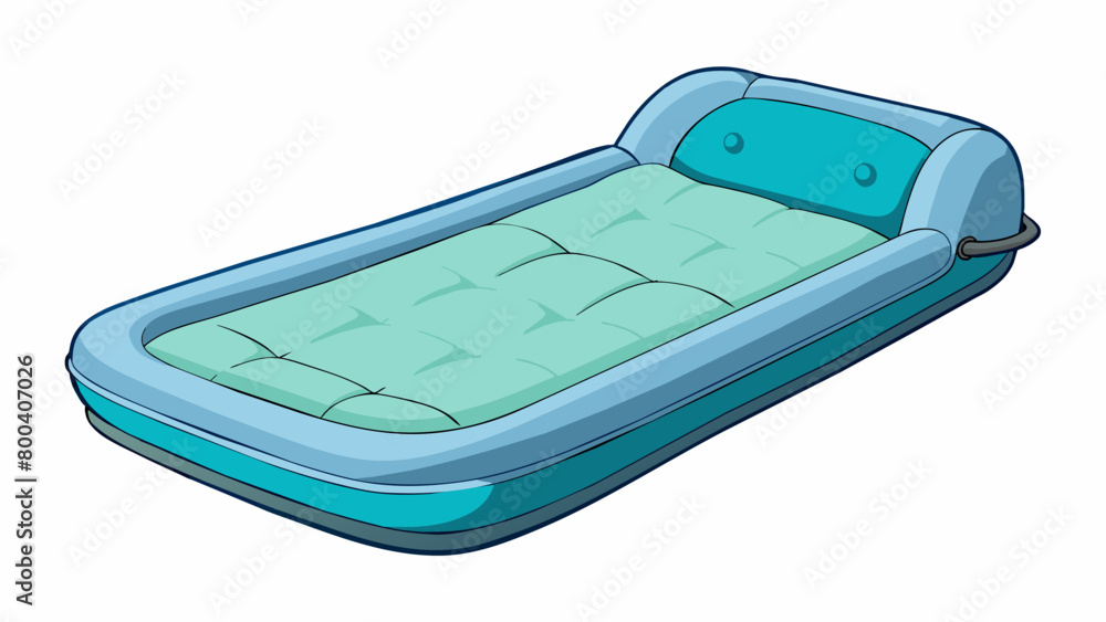Poster An elevated inflatable mattress with a builtin headrest and back support perfect for lounging in the pool or lake. It can also be used on land as a. Cartoon Vector.