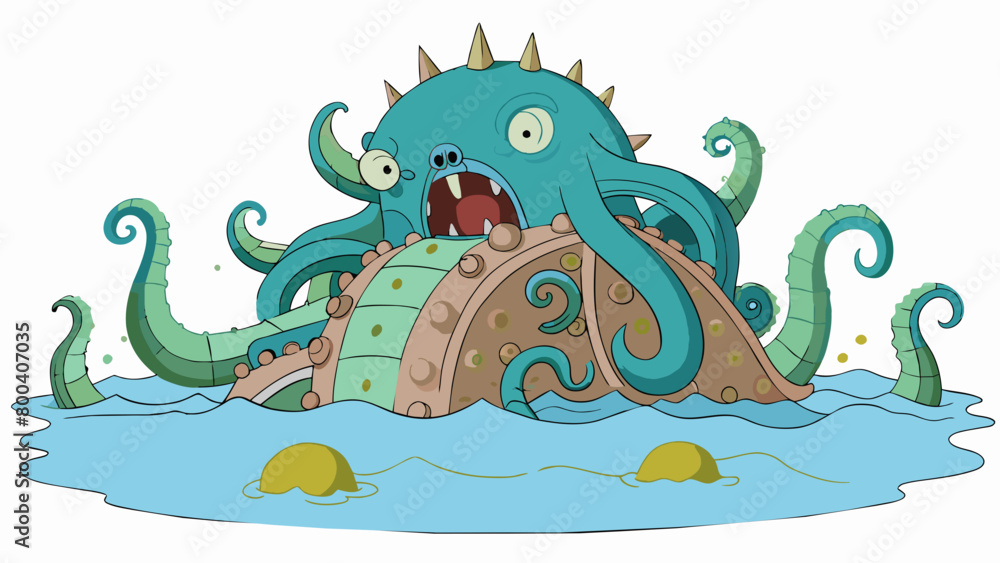 Poster An enormous tentacled beast slumbers on the ocean floor its massive body covered in ancient runes and symbols. Its eyes the size of small islands. Cartoon Vector.