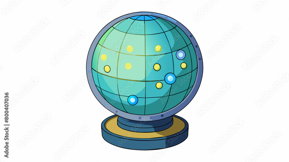 Poster An electronic globe that glows in the dark displaying the time zones of different countries with glowing dots. The globe also has a feature that. Cartoon Vector.