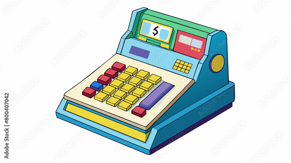 Poster An electronic toy cash register that lights up and makes sounds when buttons are pressed creating a fun and interactive way for children to learn. Cartoon Vector.