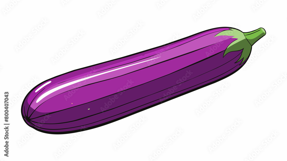 Poster an elongated cylindrical vegetable with a deep purple color and a smooth shiny skin. it has a dense 