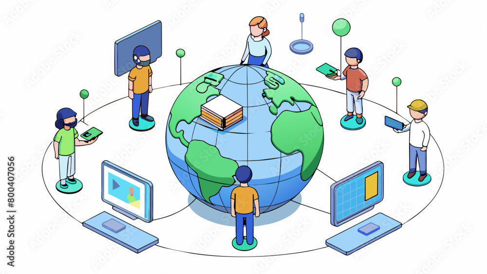 Poster An intangible realm where users can communicate and interact with each other through a series of networked devices.  on white background . Cartoon Vector.
