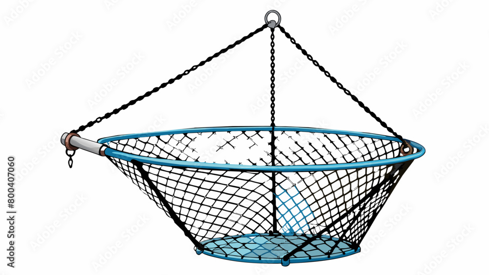 Poster an industrialsized trawl net made of heavyduty nylon and attached to a large steel frame. the openin