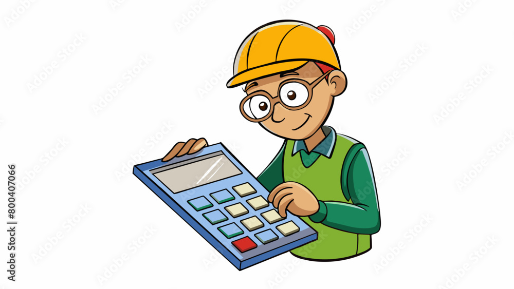Poster An individual with a calculator in hand meticulously checking and rechecking their calculations to ensure accuracy.  on white background . Cartoon Vector.