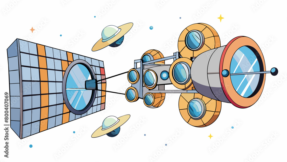 Poster An intricate system of mirrors and lenses attached to a large satellite floating in space. This advanced telescope is capable of capturing images and. Cartoon Vector.