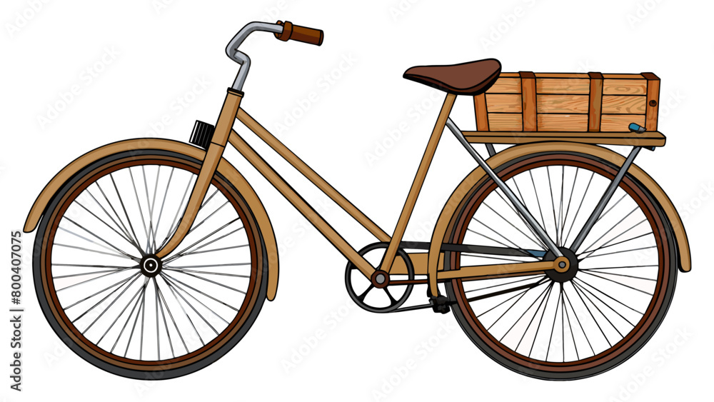 Poster an old classic bicycle with a wooden frame and cartstyle wheels. the seat is made of a soft brown le