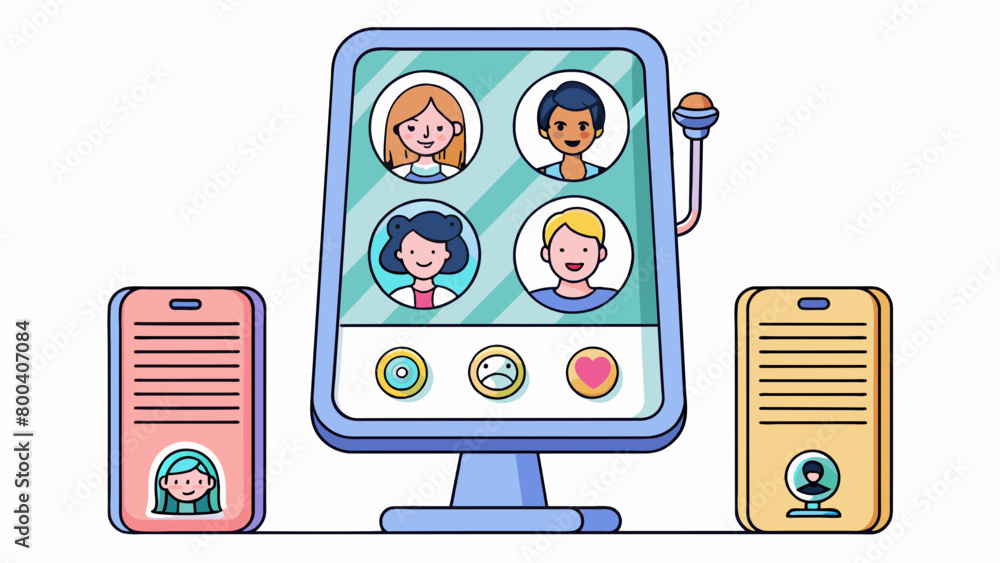 Poster An interactive mirror with a builtin camera and microphone. It can recognize faces and voices providing personalized recommendations for skincare. Cartoon Vector.