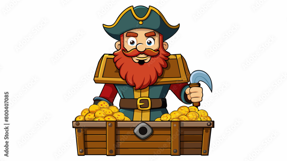 Poster An intimidating Pirate captain with a long red beard and a hook for a hand stands atop a chest overflowing with glittering gold doubloons.  on. Cartoon Vector.