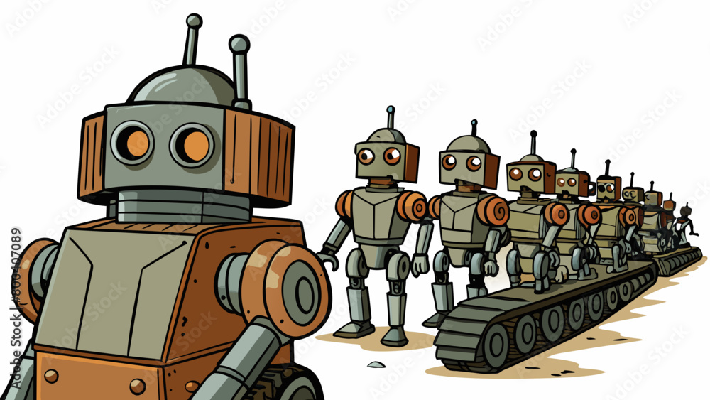 Poster An old outdated robot army long abandoned and left to rust suddenly reactivates and begins to follow their longforgotten programming to conquer. Cartoon Vector.
