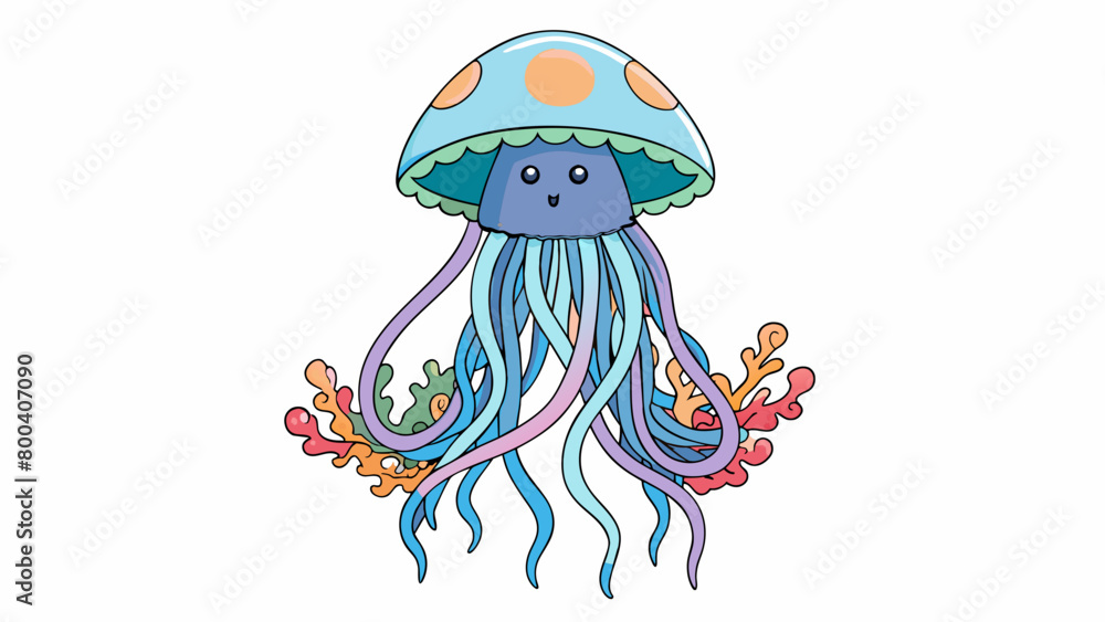 Poster An intricately patterned jellyfish with a domed top and trailing ribbonlike tentacles hovers near a coral reef its translucent body reflecting the. Cartoon Vector.