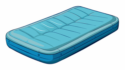 An inflatable mattress designed for camping with a durable and waterproof material that can withstand rough terrain. It has a builtin air pump and can. Cartoon Vector.