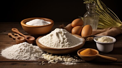 This image shows various baking ingredients such as grains, eggs, and flour, meticulously organized for a baking project