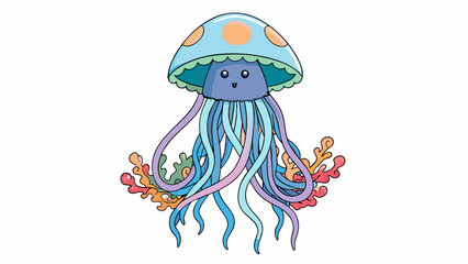 Obraz premium An intricately patterned jellyfish with a domed top and trailing ribbonlike tentacles hovers near a coral reef its translucent body reflecting the. Cartoon Vector.