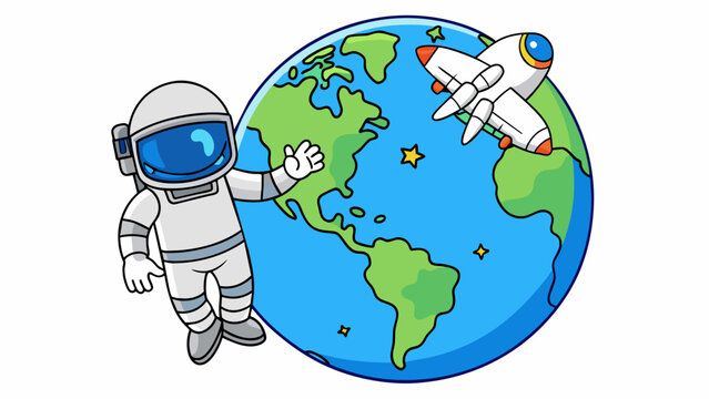 An astronaut drifts weightlessly alongside a space shuttle arms outstretched as they admire the Earth below. The deep blue oceans and swirling white. Cartoon Vector.