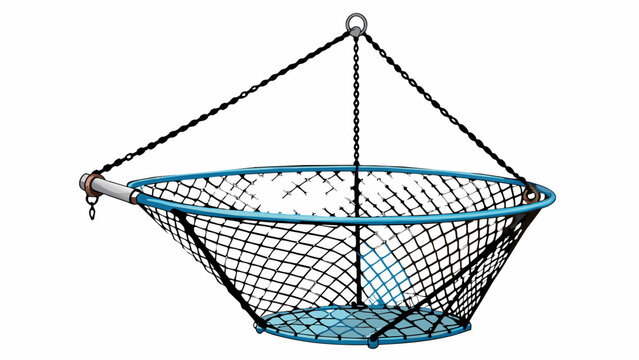 An industrialsized trawl net made of heavyduty nylon and attached to a large steel frame. The opening of the net can be adjusted with ropes attached. Cartoon Vector.