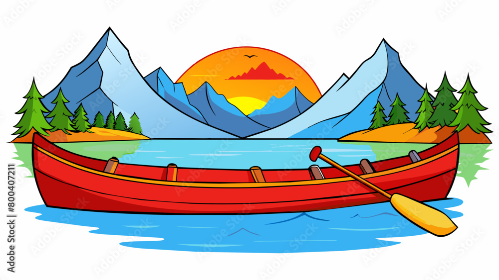 Poster as the sun set behind the mountains a large red canoe paddled through the calm waters of the lake. i
