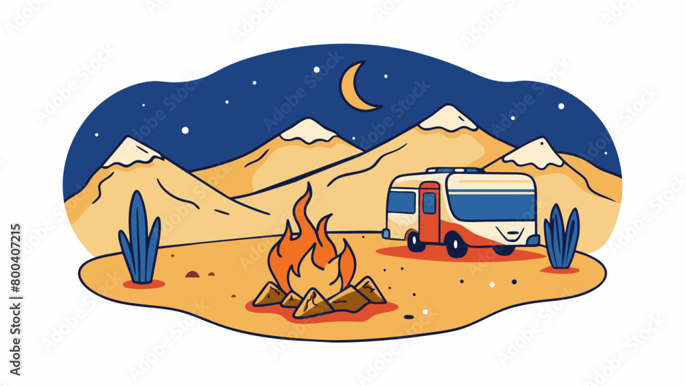 Poster as the stars le above a lone camper sits by their campfire in the desert nestled between towering sa