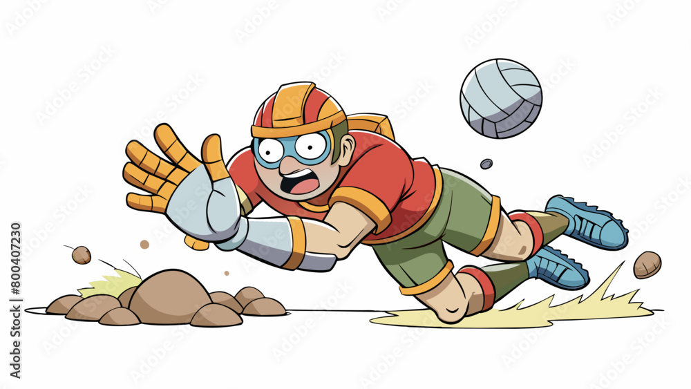 Poster as the game intensifies a player dives to the ground arms outstretched to save the ball from hitting