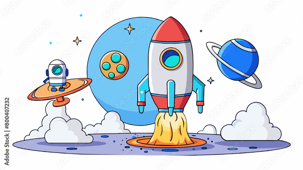 Poster As it touched down on a distant planet the rocket ship extended its landing gear and gently settled on the surface with a hiss of steam. Its hatch. Cartoon Vector.