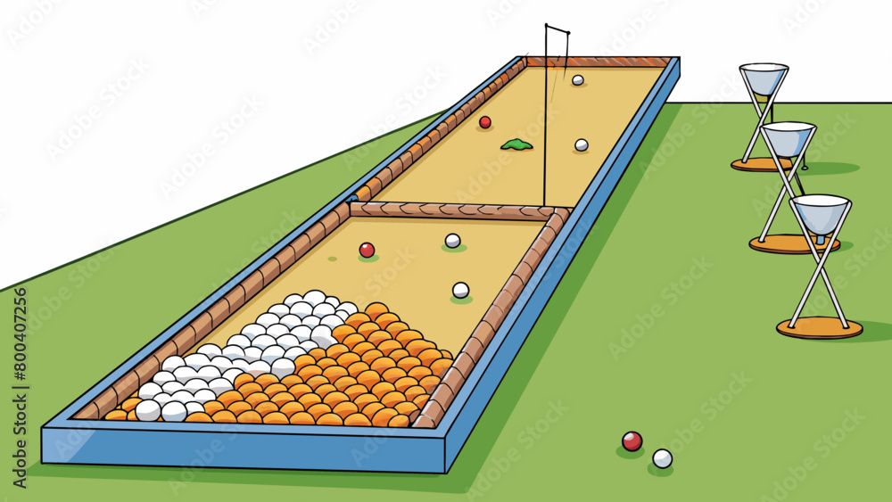 Poster At the far end of a gravel lot a net spanning from one end to another marks the boundary of the driving range. The area is dotted with various sized. Cartoon Vector.