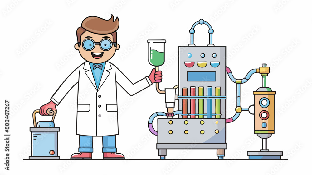 Poster At the laboratory the engineer stood in front of a large complex machine with tubes and wires connecting various parts. They were running tests and. Cartoon Vector.