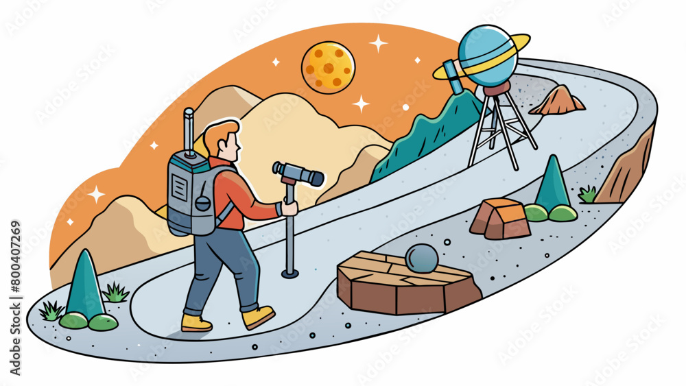 Poster As the sun sets an Astronomer is seen making their way up a winding mountain path carrying a large backpack filled with various instruments and tools.. Cartoon Vector.
