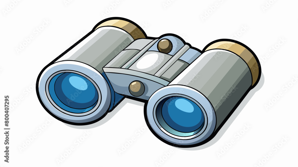 Poster Compact binoculars with a sleek silver finish and a compact size perfect for travel. The lenses are adjustable with a simple twist and provide a. Cartoon Vector.