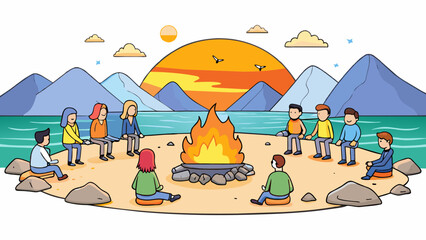 As the sun sets behind the mountains a group of friends gathered around a campfire on the beach. The fire pit is made of stones and the flames are. Cartoon Vector.