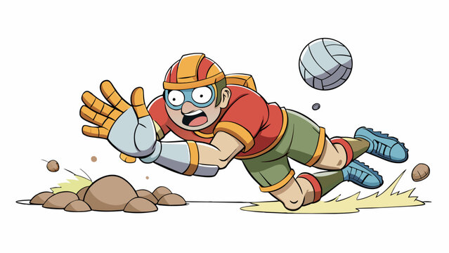 As the game intensifies a player dives to the ground arms outstretched to save the ball from hitting the ground. The players knees are protected with. Cartoon Vector.