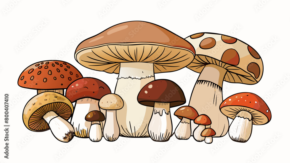 Poster From button mushrooms to large meaty portobellos the varieties of mushrooms are vast and diverse. Some have a delicate flavor and texture while others. Cartoon Vector.