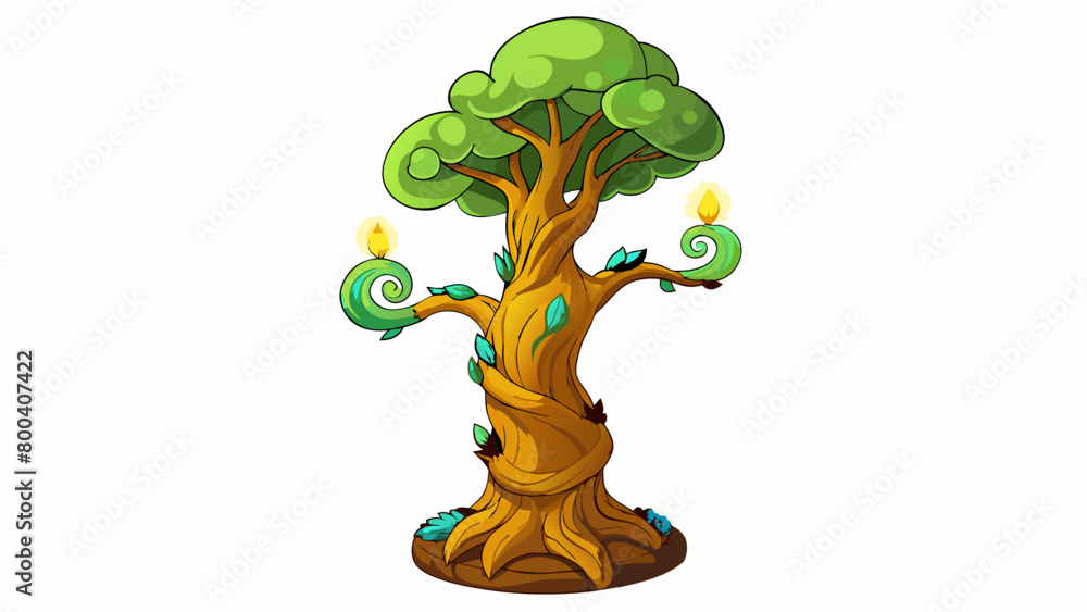 Poster Genie is a towering ancient tree with glowing leaves and branches that twist and turn with every granted wish.  on white background . Cartoon Vector.