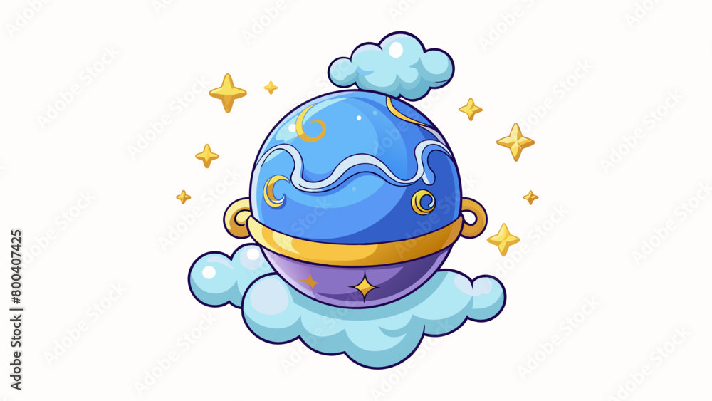 Poster Genie is a magical shimmering orb that grants wishes with swirling clouds of sparkles and shooting stars emanating from within.  on white. Cartoon Vector.