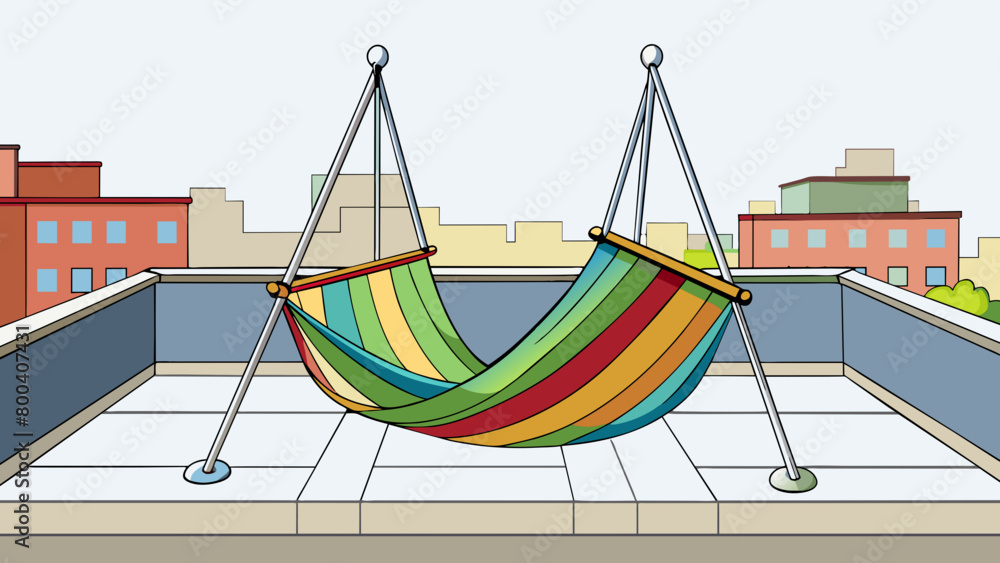 Poster Hanging on a rooftop a colorful hammock swing is made from recycled fabric and sy ropes. Its small size makes it a perfect addition to any city. Cartoon Vector.