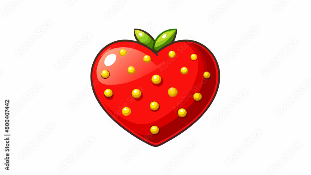 Poster heartshaped glossy red berries with a small leafy cap. the surface is dotted with tiny golden seeds 