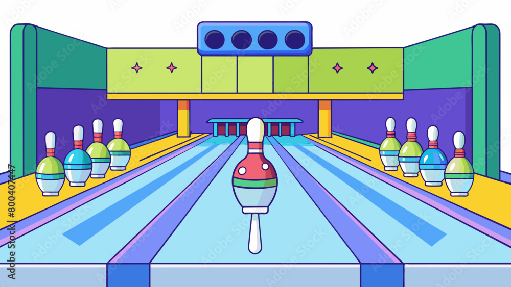 Poster hanging from the ceiling are bright multicolored lights that illuminate the lanes. each lane has a s