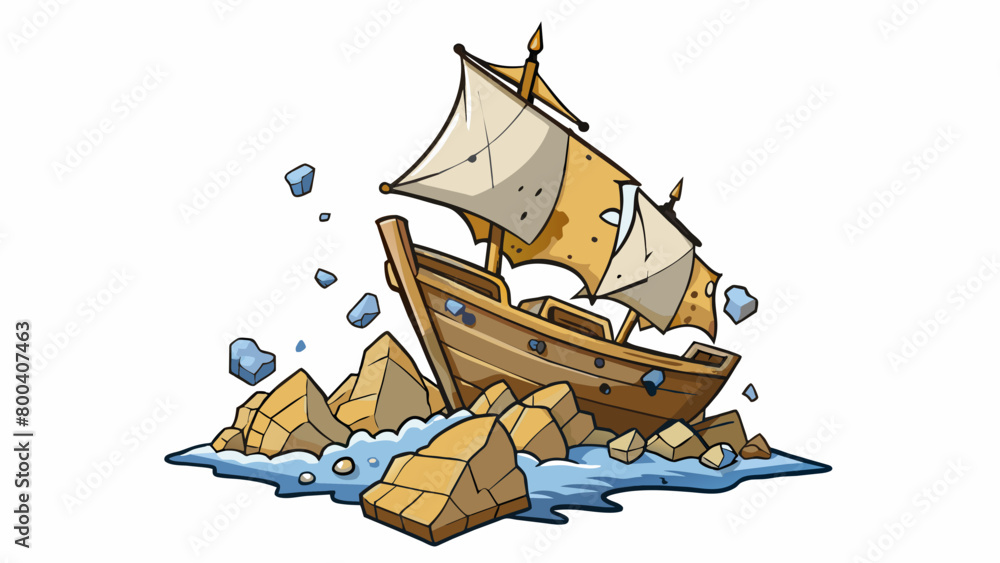 Aufkleber high on the rocky cliff a lone sail flaps in the wind torn and tattered from the shipwreck it once b