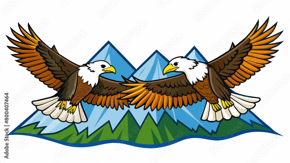 Poster high up in the mountains a pair of eagles soar through the crisp air their long pointed wings carryi