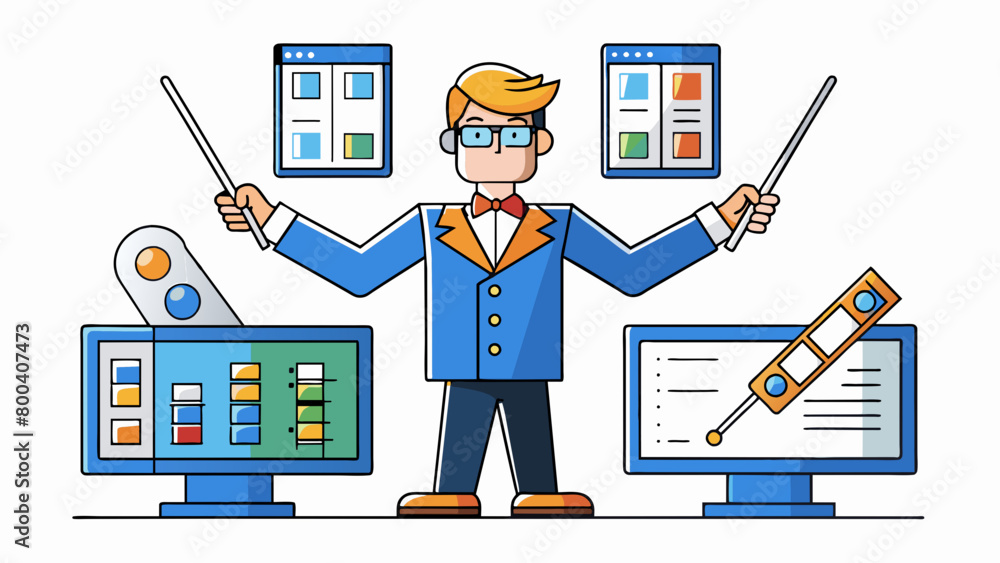 Poster Imagine a computer programmer as a conductor orchestrating different components and functionalities to create an organized and harmonious software. Cartoon Vector.