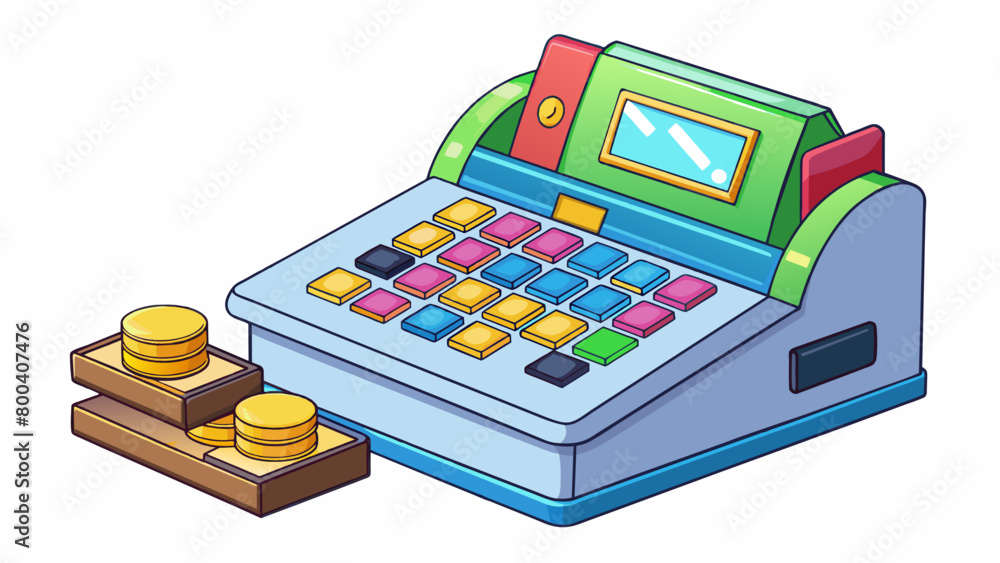 Poster Imagine running your own toy store with this adorable cash register It features a bright and colorful design realistic buttons and calculator and a. Cartoon Vector.