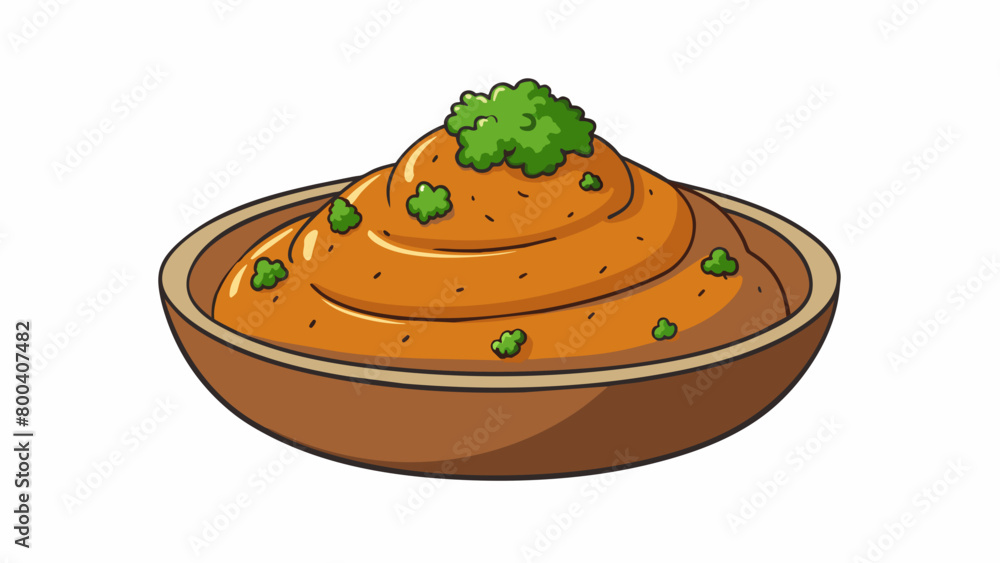 Poster imagine a thick grainy dip with a rich caramel hue and a fragrant aroma of cumin. it is garnished wi