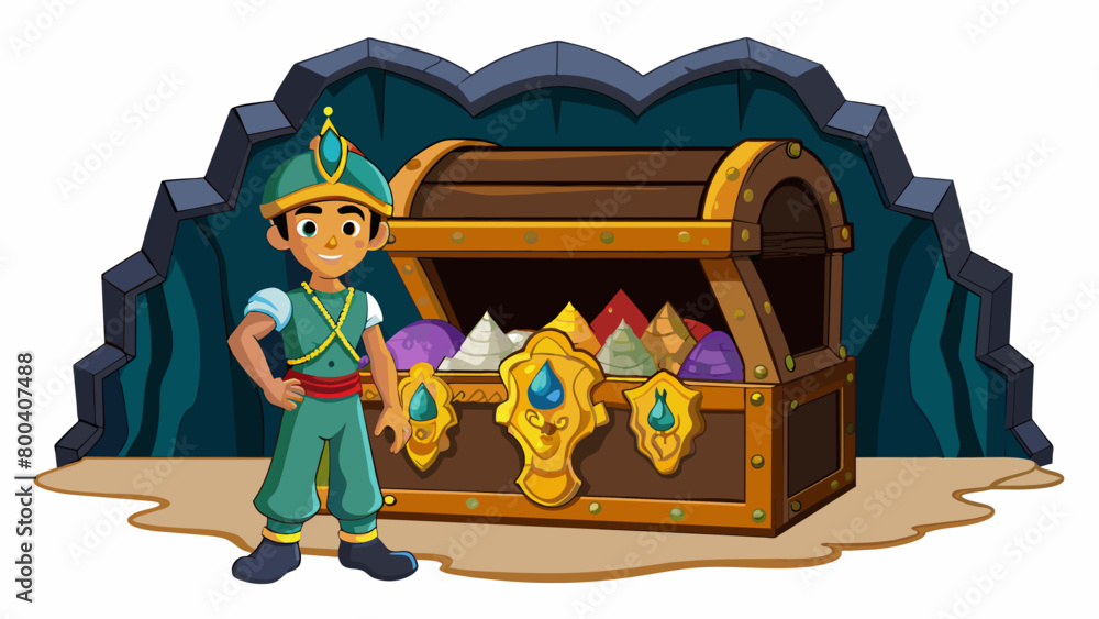 Poster Hidden within a dark cave Aladdin stands in front of an enormous treasure chest. Its lid is adorned with intricate carvings of dragons and gems and. Cartoon Vector.