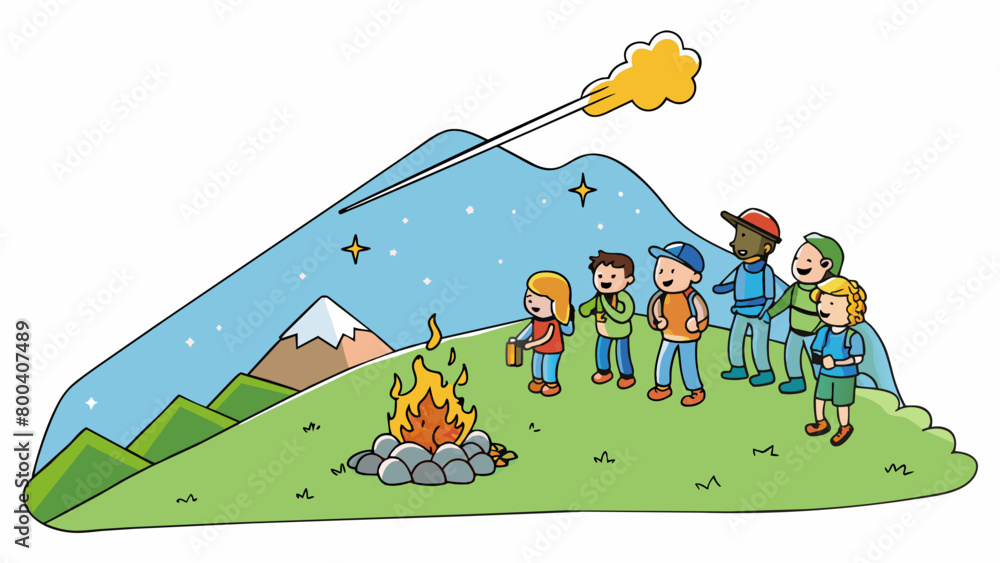 Poster high up on a mountain top a group of hikers gather around a campfire admiring a shooting star streak