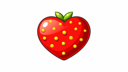 Heartshaped glossy red berries with a small leafy cap. The surface is dotted with tiny golden seeds and it has a juicy sweet taste.  on white. Cartoon Vector.