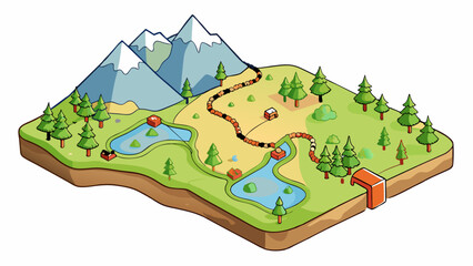 Hiking Trail Map A topographic map that displays the various trails and terrain within a national park or hiking area. The map includes symbols for. Cartoon Vector.