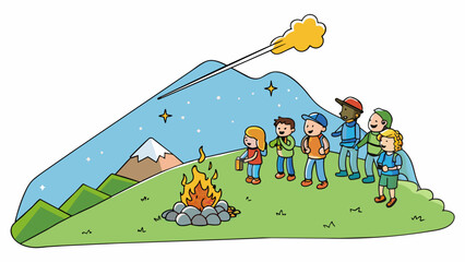 Obraz premium High up on a mountain top a group of hikers gather around a campfire admiring a shooting star streaking across the sky before disappearing into the. Cartoon Vector.