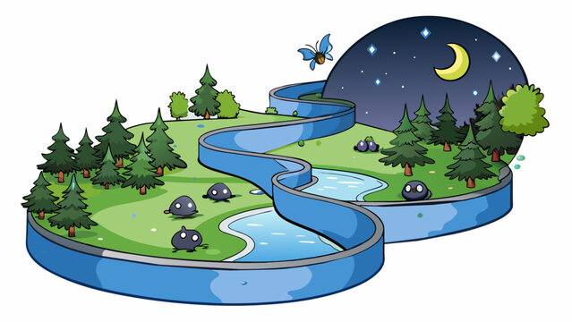 Glimmering in the moonlight the peaceful river is like a silver ribbon winding its way through the dark forest inviting nocturnal creatures to come. Cartoon Vector.
