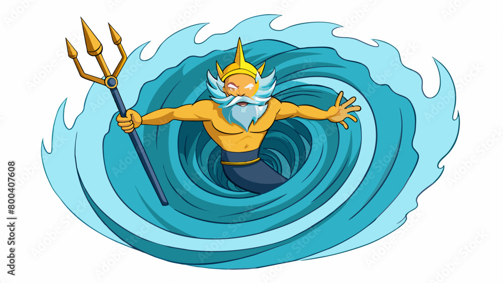 Poster in the depths of the ocean an immense whirlpool swirls controlled by the hand of poseidon. his tride