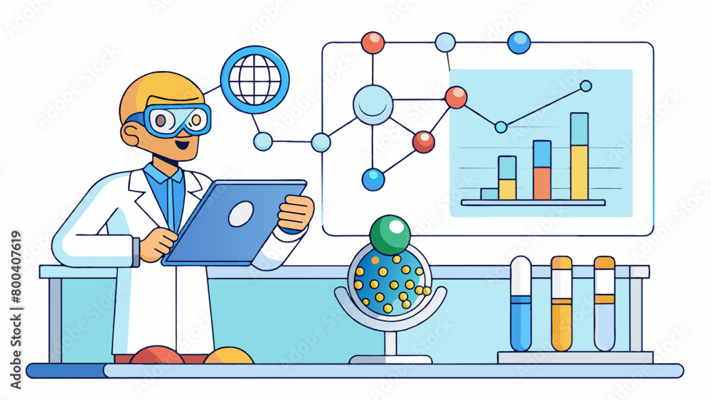 Poster In their office the nanotechnologist studies graphs and diagrams analyzing data from their recent experiment. With a keen eye for detail and an. Cartoon Vector.